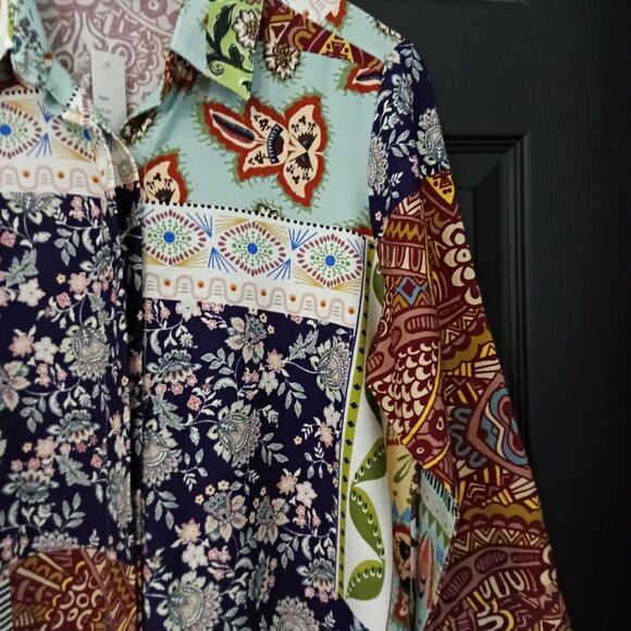 Boho Chic NWT Sz. M Multi Color Patchwork 3/4 Sleeve Button Up Blouse - Picture 10 of 16